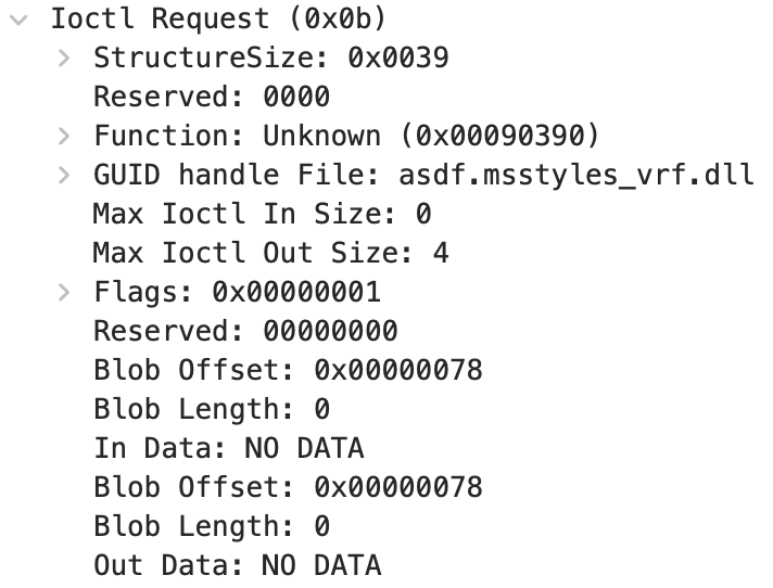Screenshot from Wireshark showing an ioctl request with ID 0x90390.